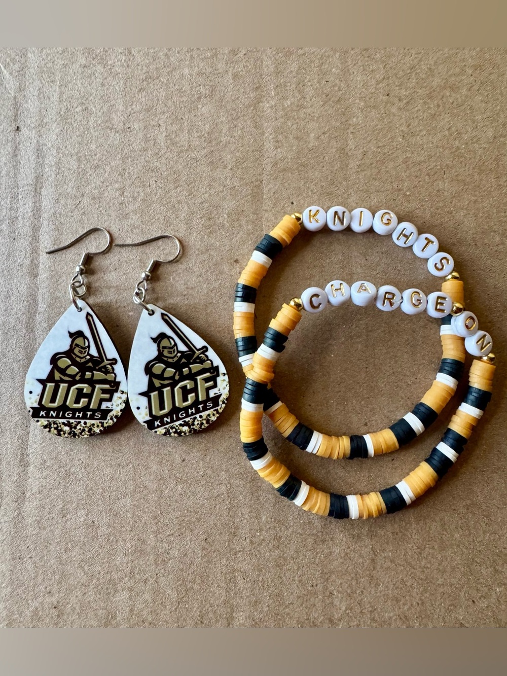 UCF Knights Gold & Black Beaded Bracelet Set with Logo Earrings